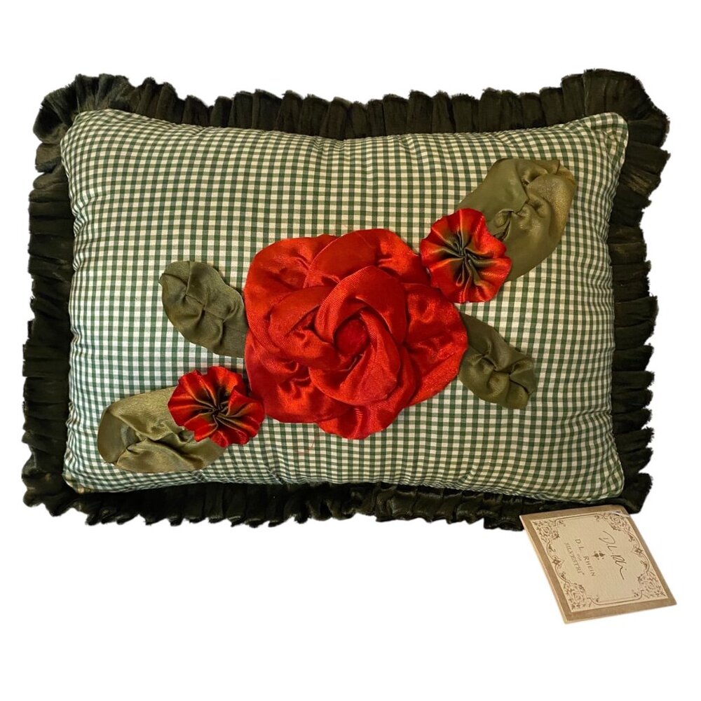 Green Satin Gingham Pillow Red Floral Ribbon Embroidery Floral Rhein Silvestri‎